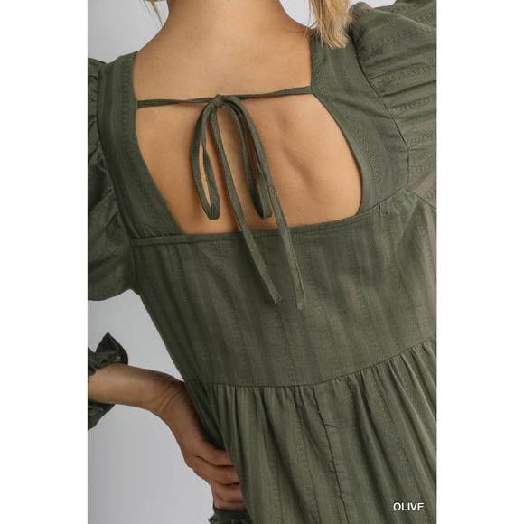 Ruffle Cuffed Long Sleeve Square Neckline Smocked Peasant Midi Dress - Picture 4 of 7